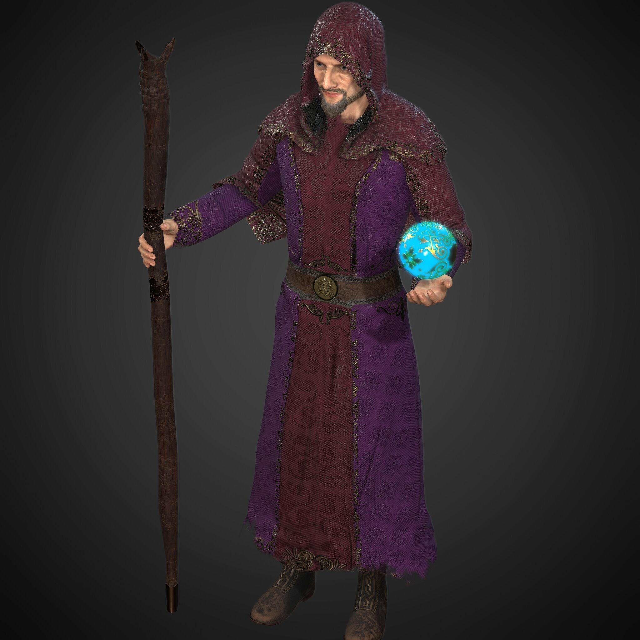Rigged Fantasy Medieval Character Wizard - Low-Poly Game-Ready 3D Model - View 3