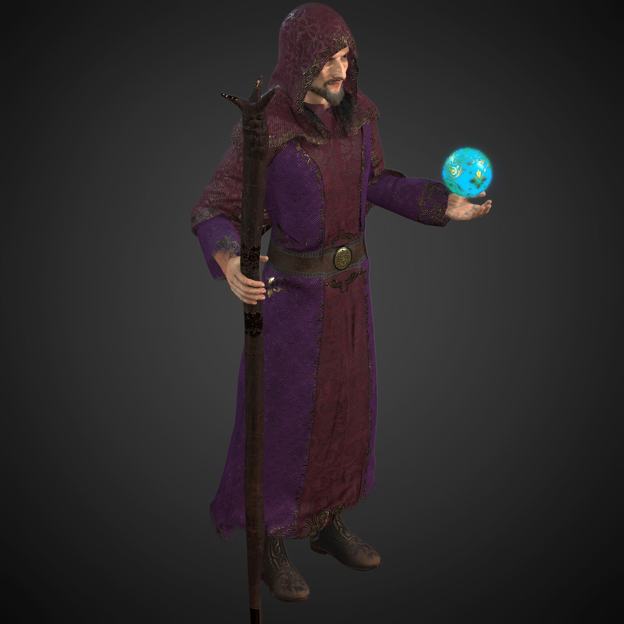 Rigged Fantasy Medieval Character Wizard - Low-Poly Game-Ready 3D Model - View 4