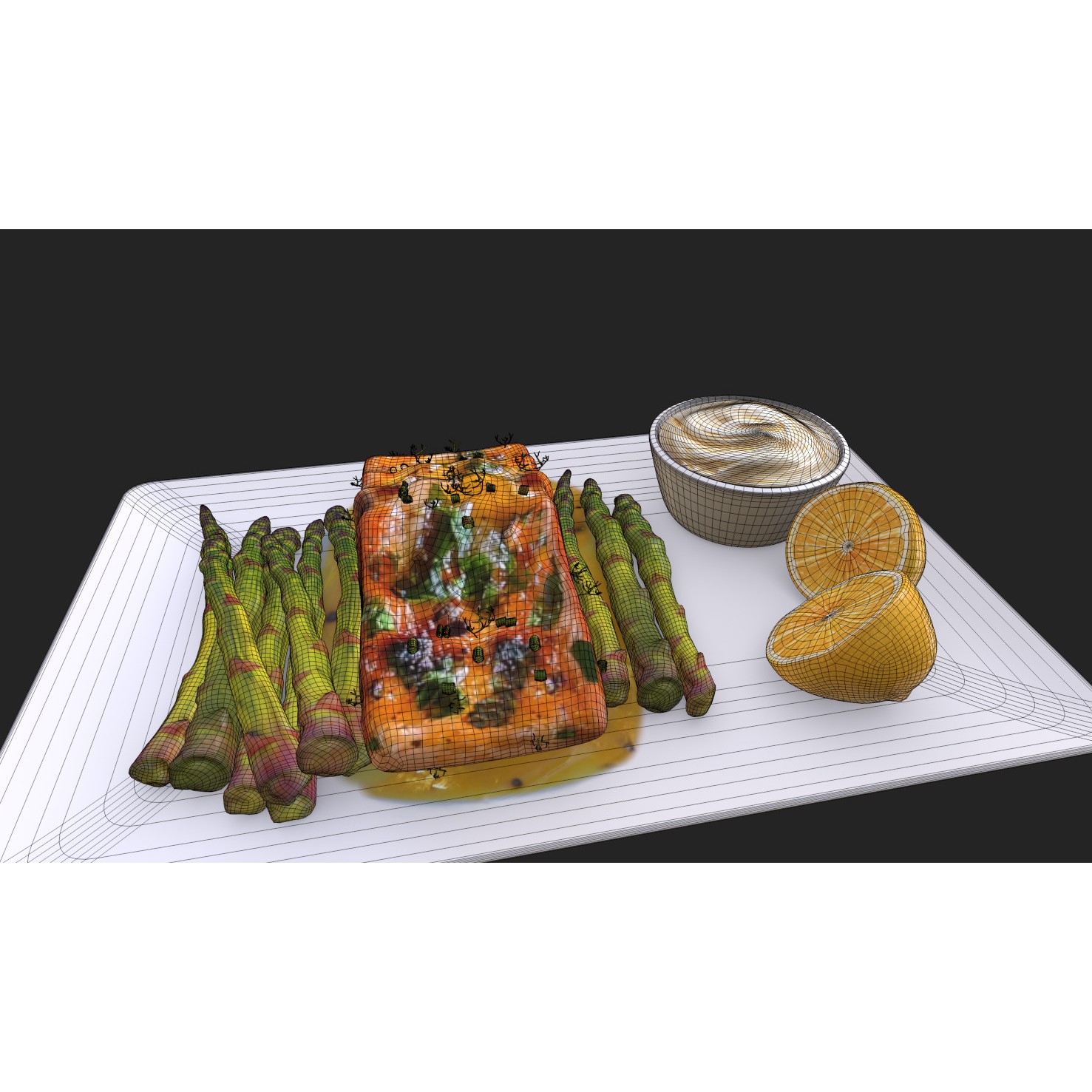 Greek Marinated Salmon Steak with Asparagus - Low-Poly 3D Model - View 6