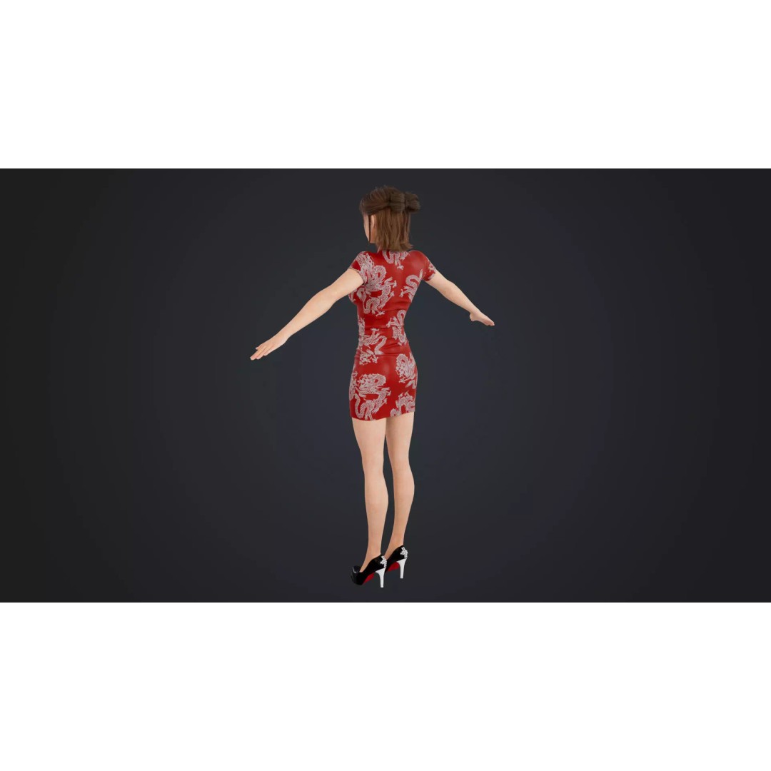 Girl 3D Model – Low Poly Cheongsam Qipao Dress, Rigged, FBX - View 10