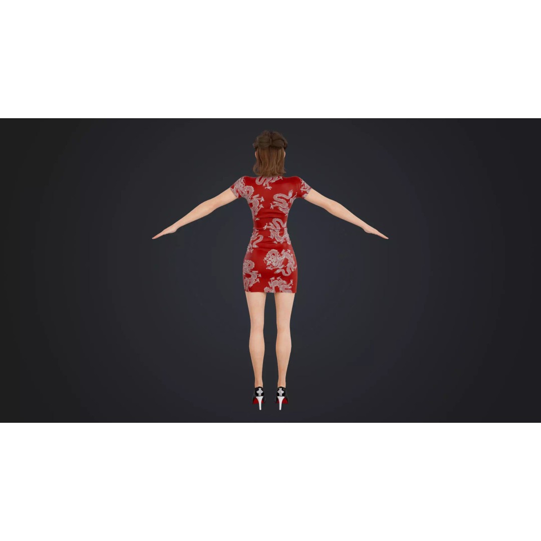 Girl 3D Model – Low Poly Cheongsam Qipao Dress, Rigged, FBX - View 11