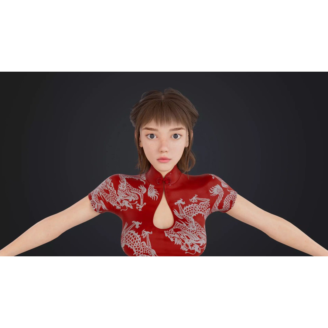 Girl 3D Model – Low Poly Cheongsam Qipao Dress, Rigged, FBX - View 12