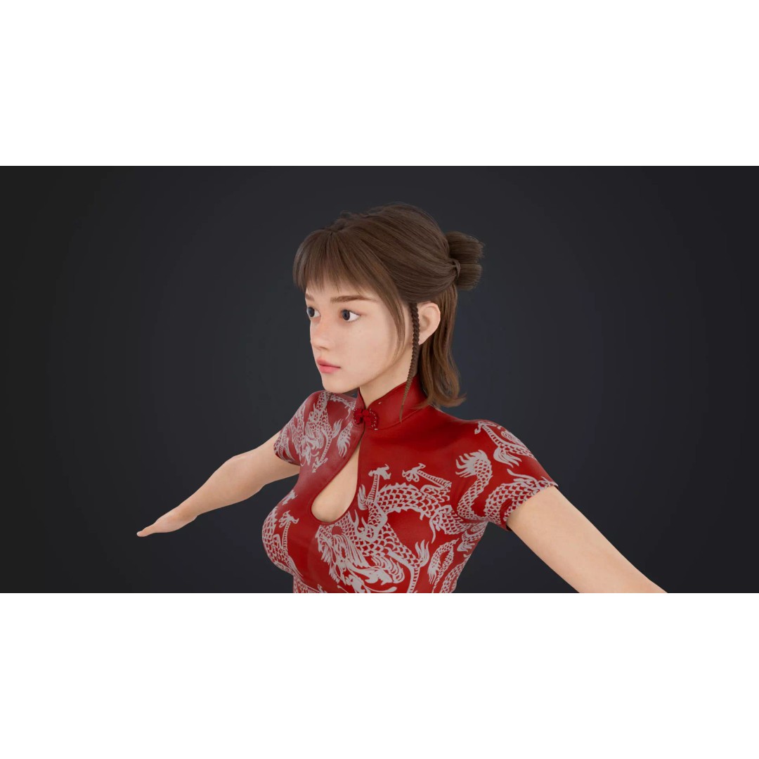 Girl 3D Model – Low Poly Cheongsam Qipao Dress, Rigged, FBX - View 13