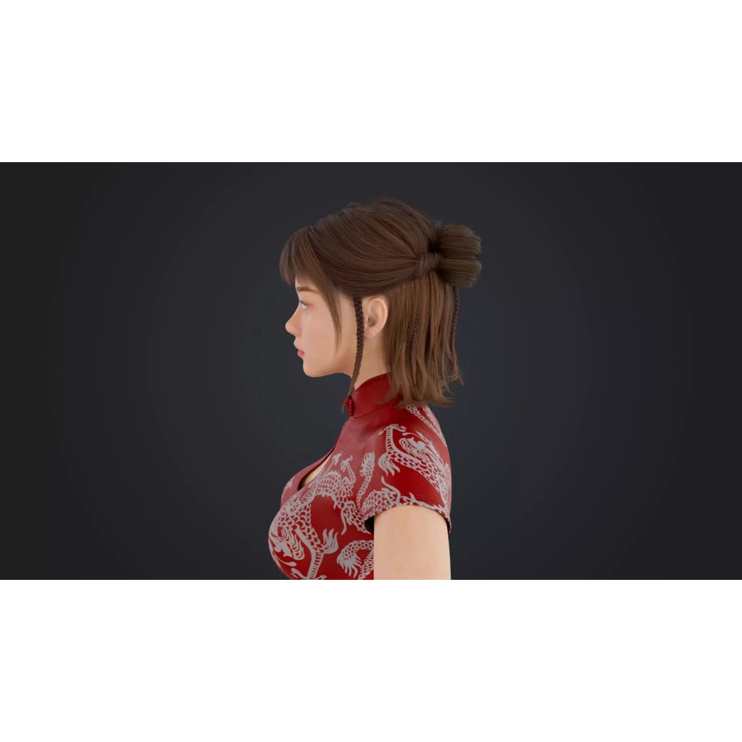 Girl 3D Model – Low Poly Cheongsam Qipao Dress, Rigged, FBX - View 14