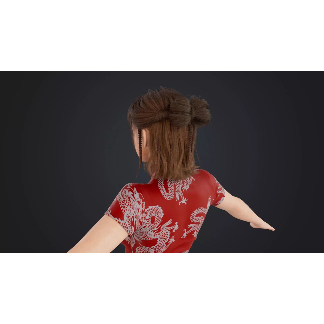 Girl 3D Model – Low Poly Cheongsam Qipao Dress, Rigged, FBX - View 15