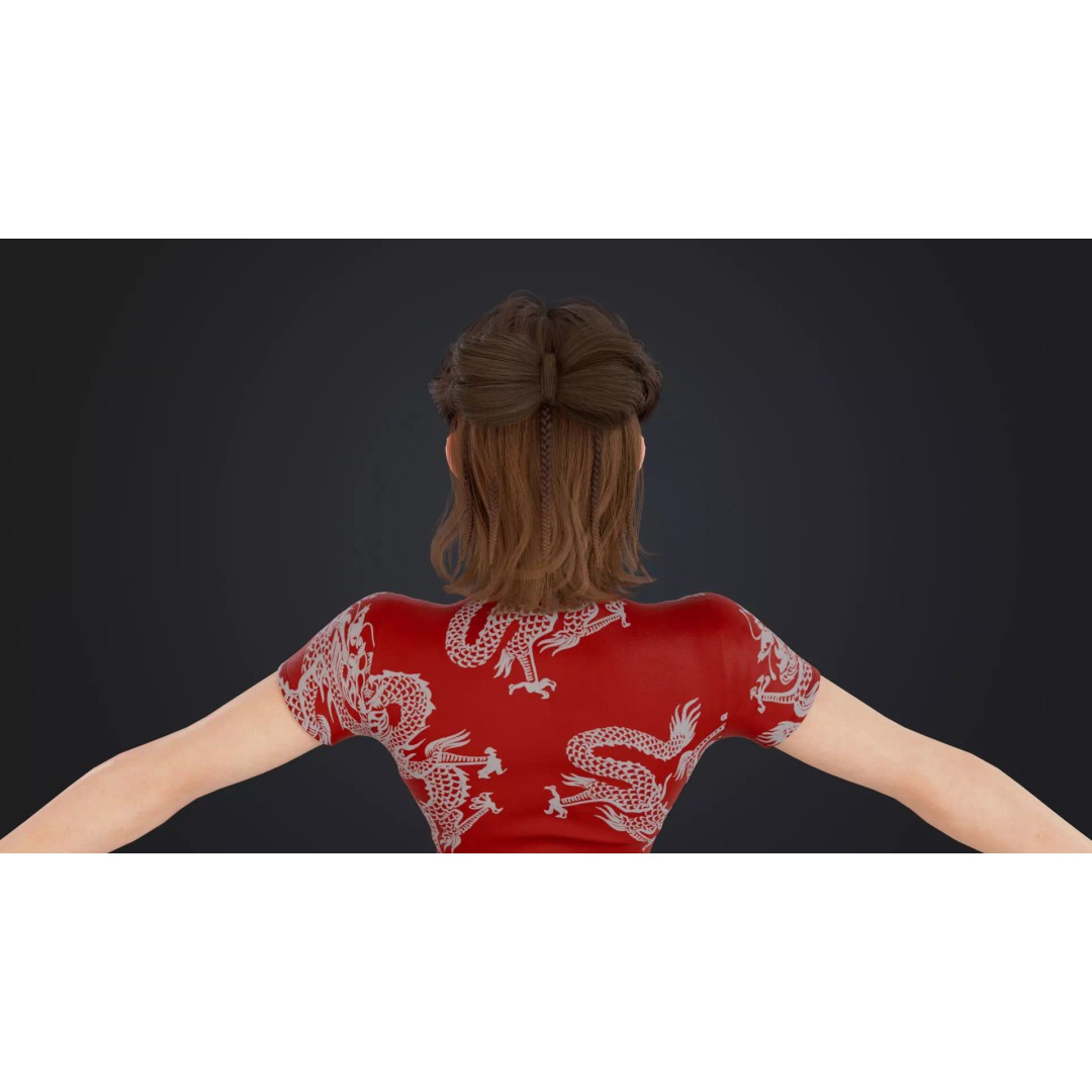 Girl 3D Model – Low Poly Cheongsam Qipao Dress, Rigged, FBX - View 16