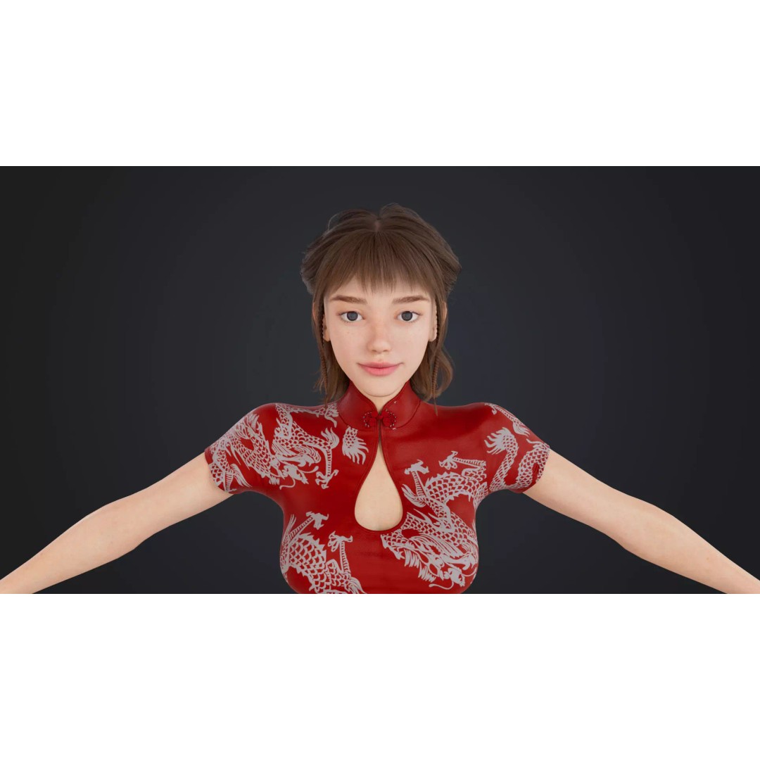 Girl 3D Model – Low Poly Cheongsam Qipao Dress, Rigged, FBX - View 17