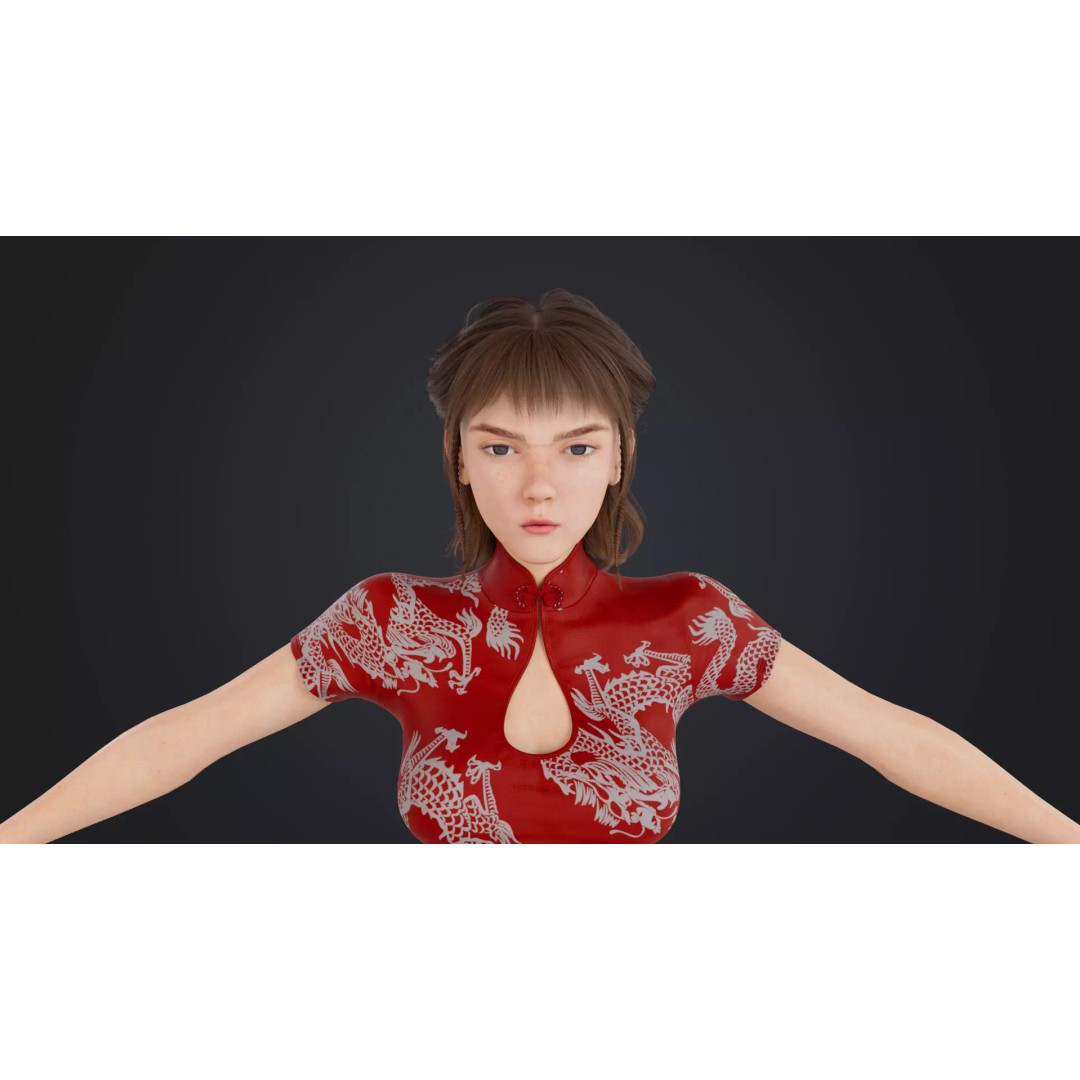 Girl 3D Model – Low Poly Cheongsam Qipao Dress, Rigged, FBX - View 18