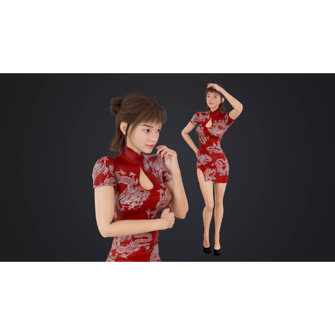 Girl 3D Model – Low Poly Cheongsam Qipao Dress, Rigged, FBX - View 2