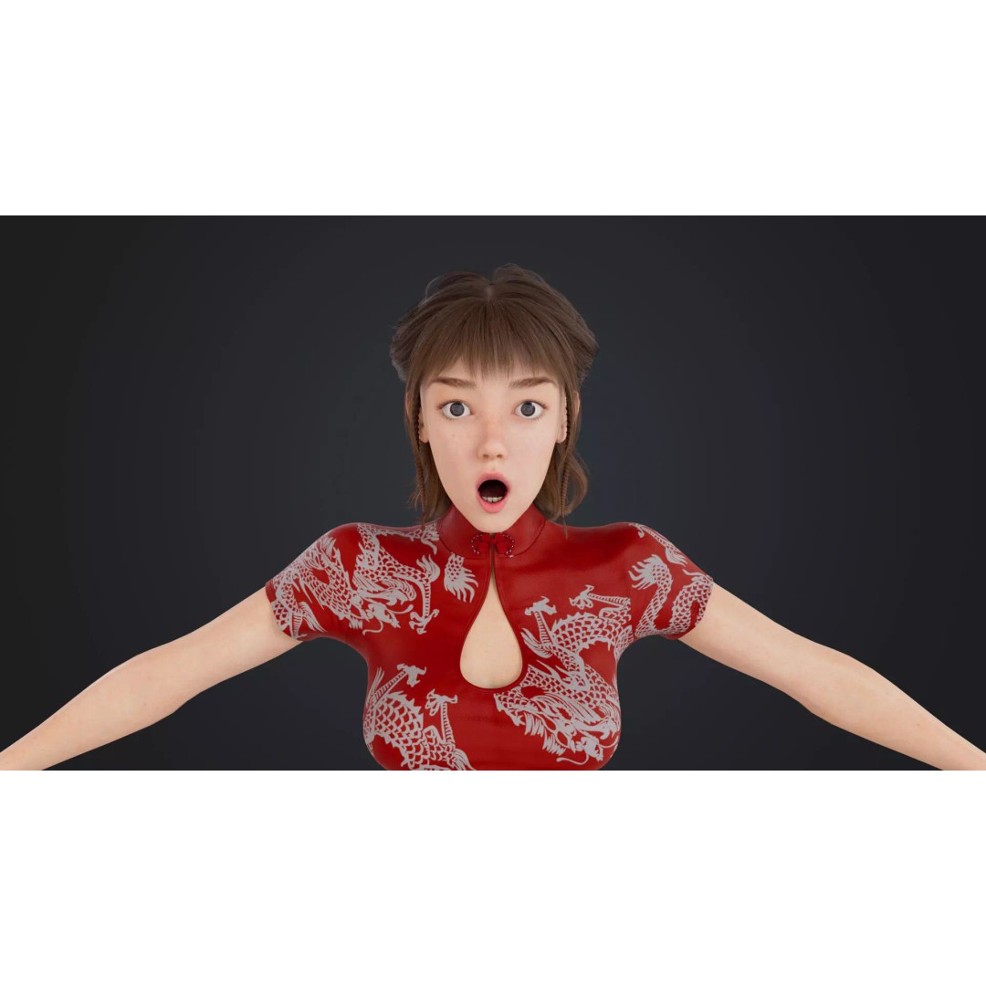 Girl 3D Model – Low Poly Cheongsam Qipao Dress, Rigged, FBX - View 20
