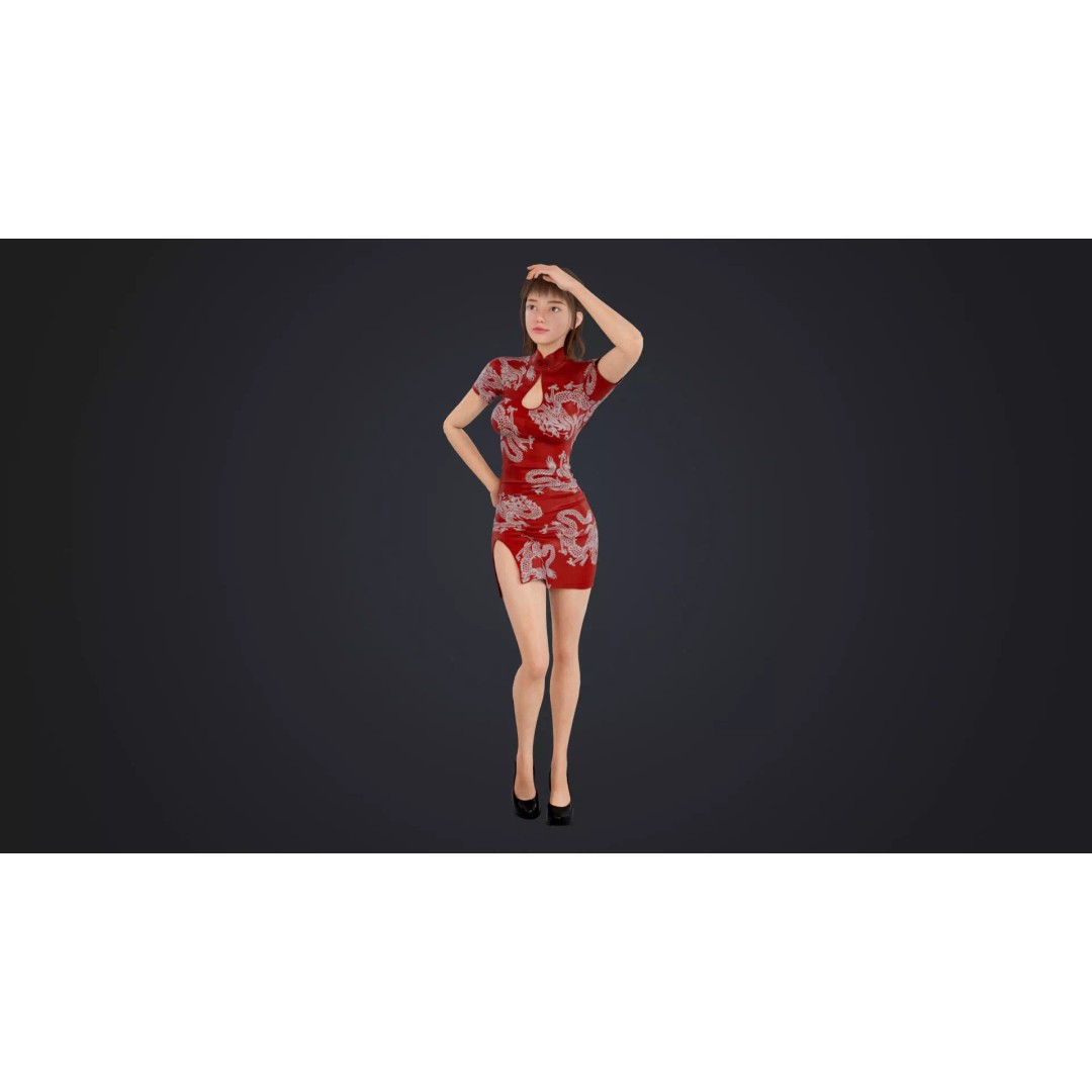Girl 3D Model – Low Poly Cheongsam Qipao Dress, Rigged, FBX - View 3