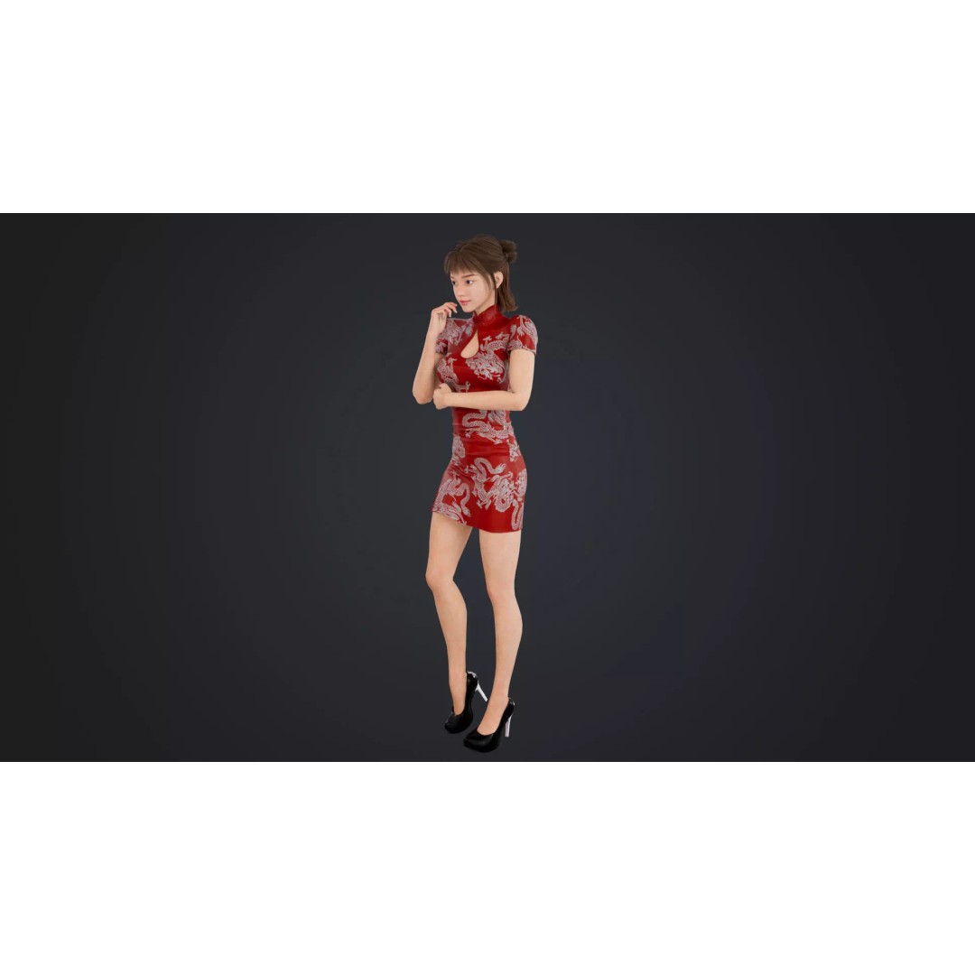 Girl 3D Model – Low Poly Cheongsam Qipao Dress, Rigged, FBX - View 4