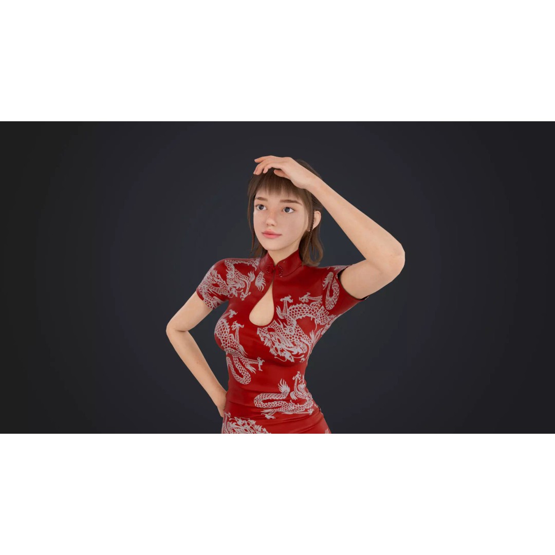 Girl 3D Model – Low Poly Cheongsam Qipao Dress, Rigged, FBX - View 5