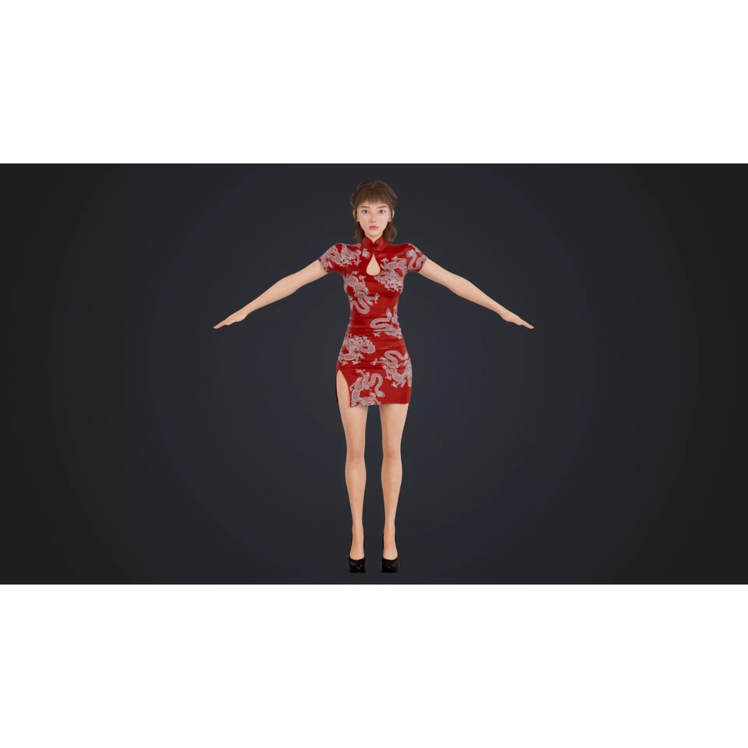 Girl 3D Model – Low Poly Cheongsam Qipao Dress, Rigged, FBX - View 7