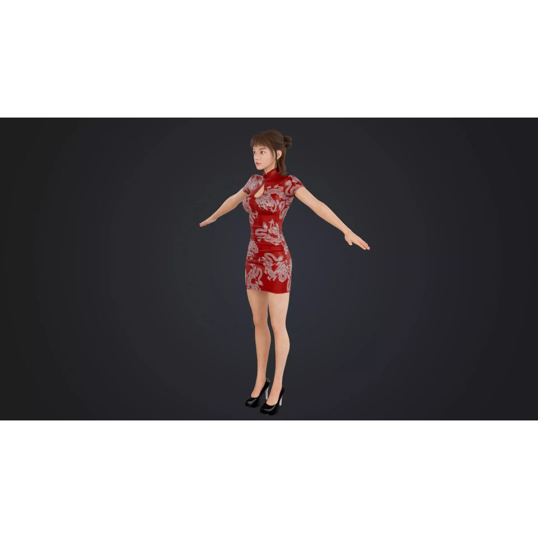 Girl 3D Model – Low Poly Cheongsam Qipao Dress, Rigged, FBX - View 8