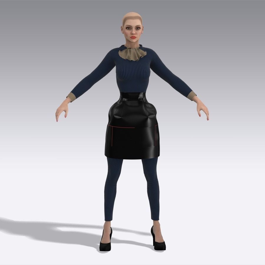 Woman Waiter 3D Model – Low Poly Rigged Character with PBR Textures, FBX - View 16