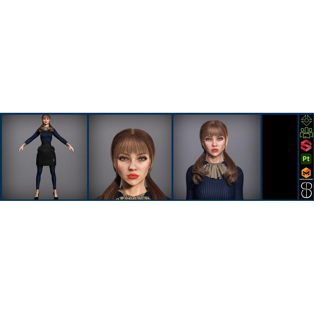 Woman Waiter 3D Model – Low Poly Rigged Character with PBR Textures, FBX - View 3
