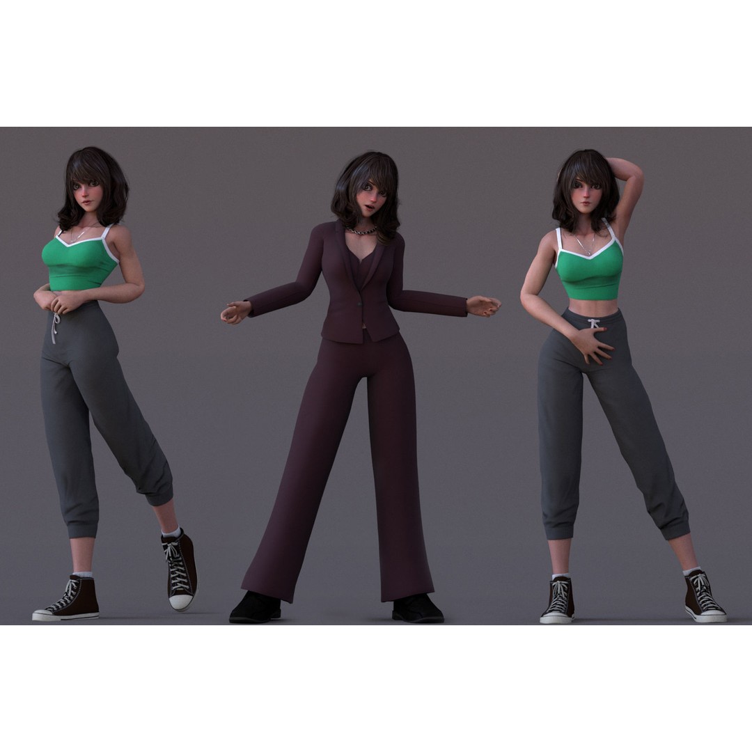 Angela Cartoon Girl 3D Model – Low Poly Rigged Character, FBX - View 3