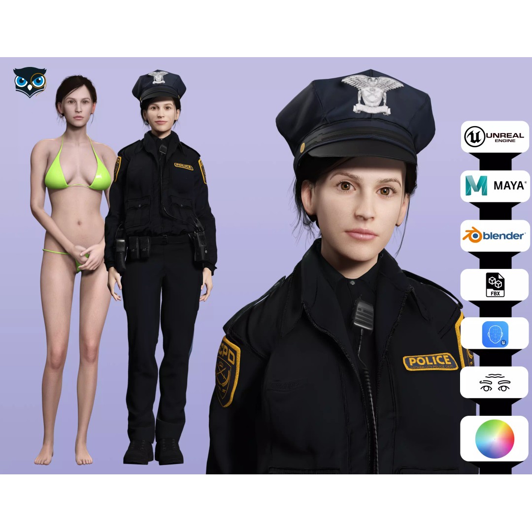 Realistic Female Police Officer 3D Model – Low Poly Rigged Character, FBX - View 2
