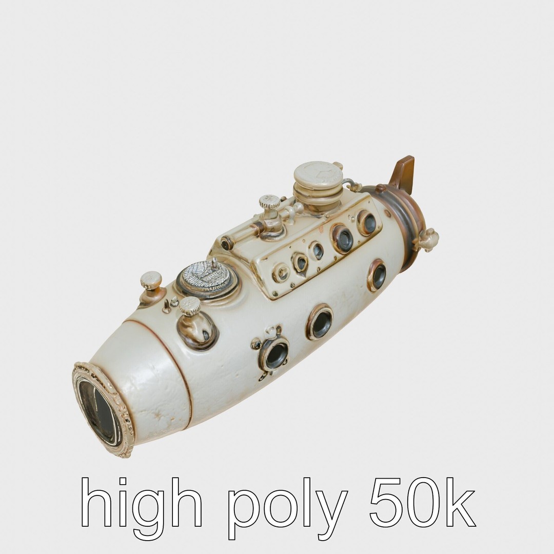 Antique Deep Diver Submarine 3D Model – Low Poly PBR Asset, FBX - View 10