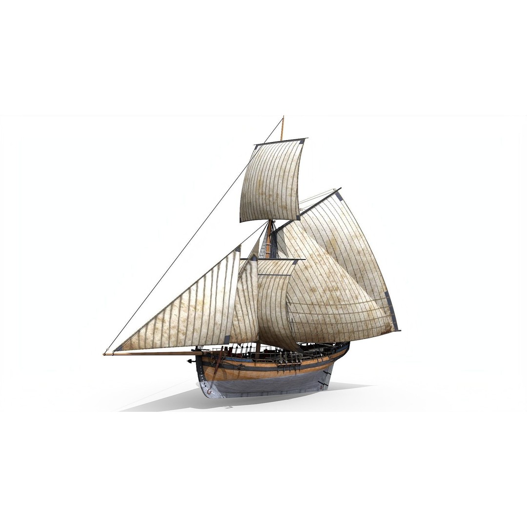 HMS Alert 3D Model – Low Poly Historic Sailing Cutter, FBX - View 4