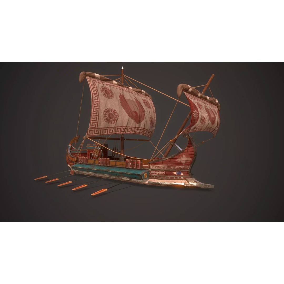 Ancient Ship Trireme 3D Model – Low Poly Game Asset, FBX - View 4