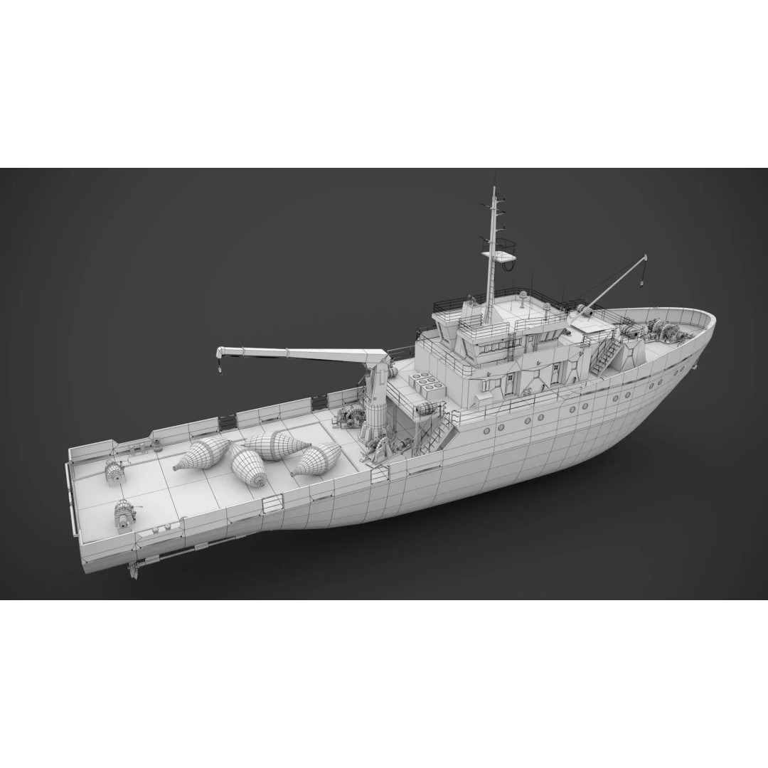Hydrographic Vessel 3D Model – Low Poly Industrial Watercraft, FBX