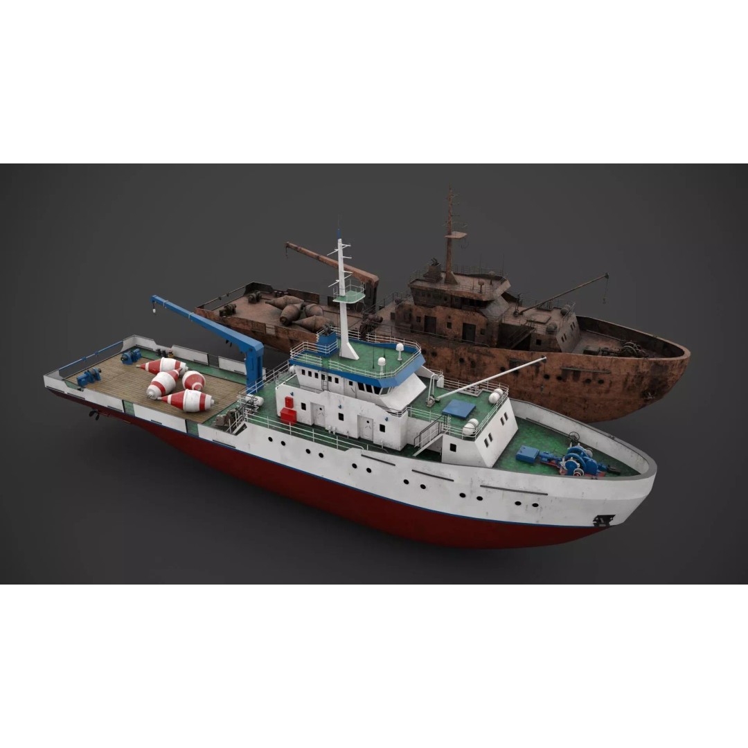 Hydrographic Vessel 3D Model – Low Poly Industrial Watercraft, FBX - View 2