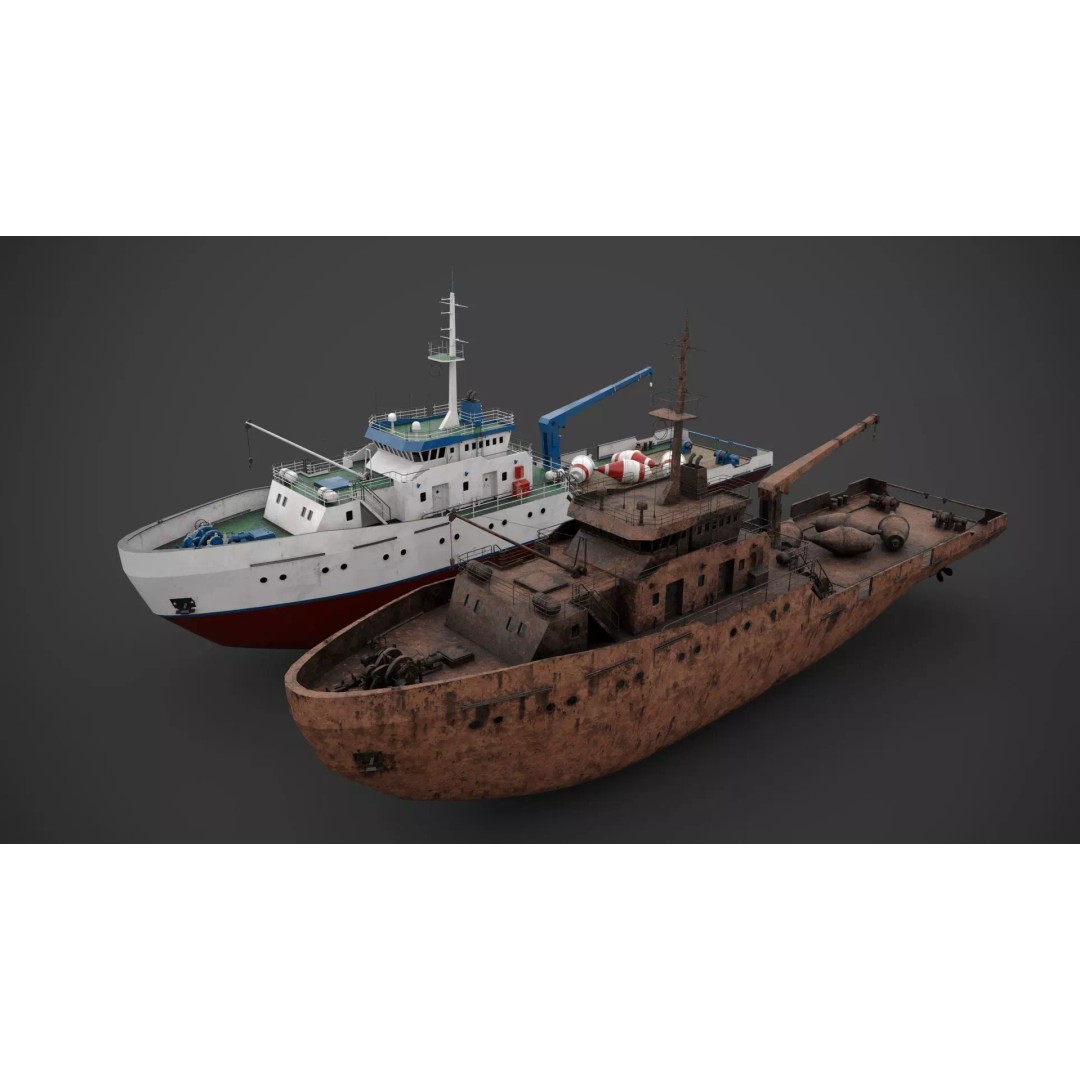 Hydrographic Vessel 3D Model – Low Poly Industrial Watercraft, FBX - View 3