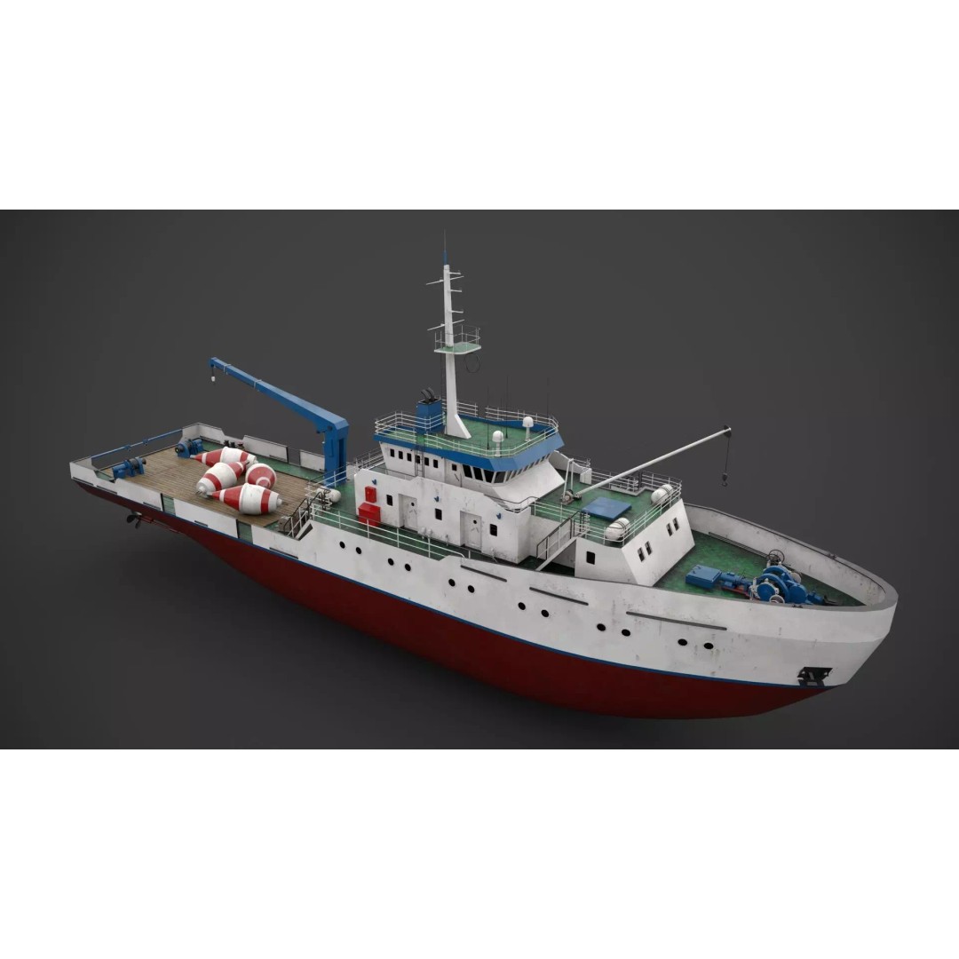 Hydrographic Vessel 3D Model – Low Poly Industrial Watercraft, FBX - View 4