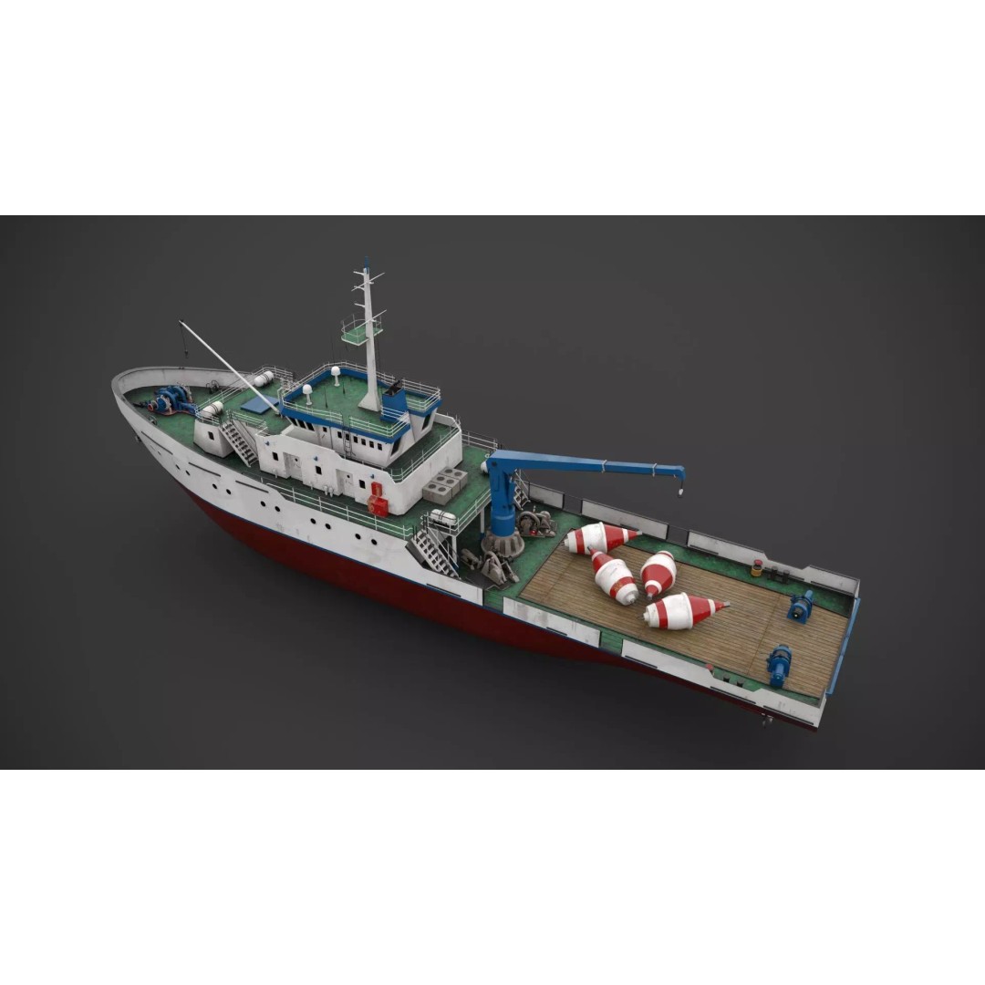 Hydrographic Vessel 3D Model – Low Poly Industrial Watercraft, FBX - View 6
