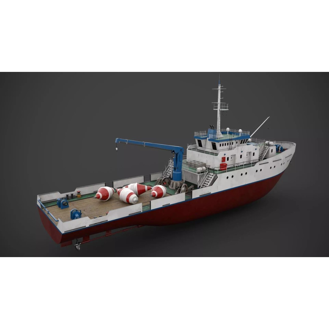 Hydrographic Vessel 3D Model – Low Poly Industrial Watercraft, FBX - View 7