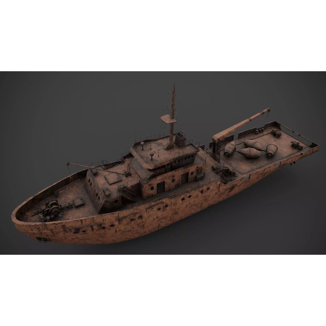 Hydrographic Vessel 3D Model – Low Poly Industrial Watercraft, FBX - View 9