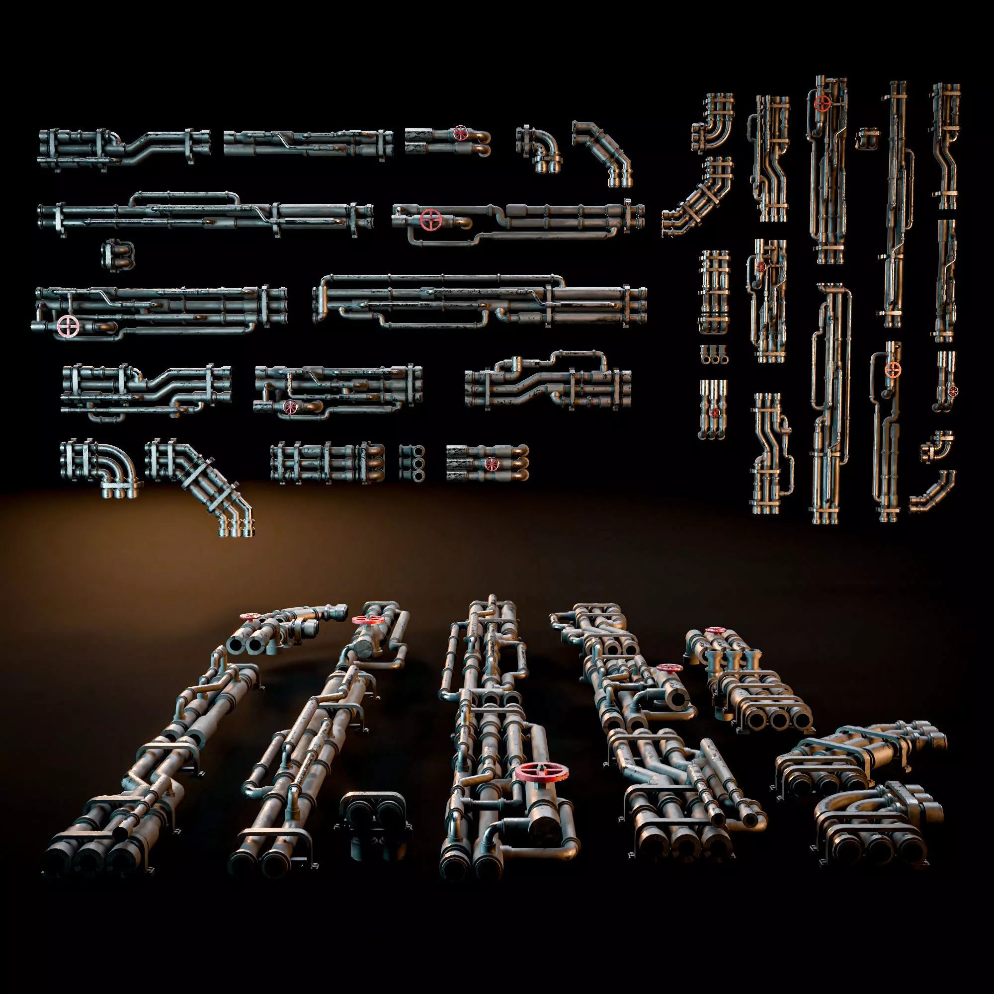 Scifi Industrial Modular Pipes Kit - Low-Poly Game-Ready 3D Model - View 2