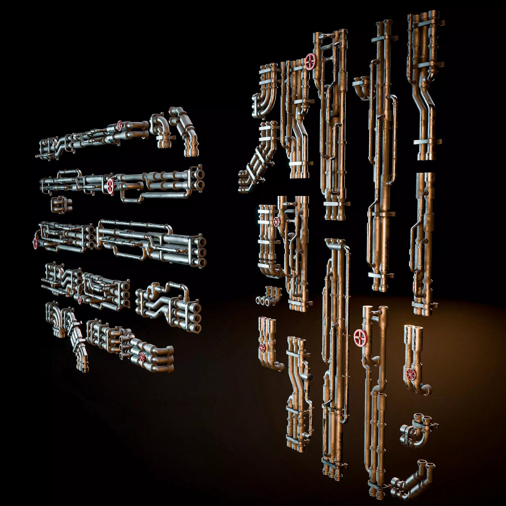 Scifi Industrial Modular Pipes Kit - Low-Poly Game-Ready 3D Model - View 3