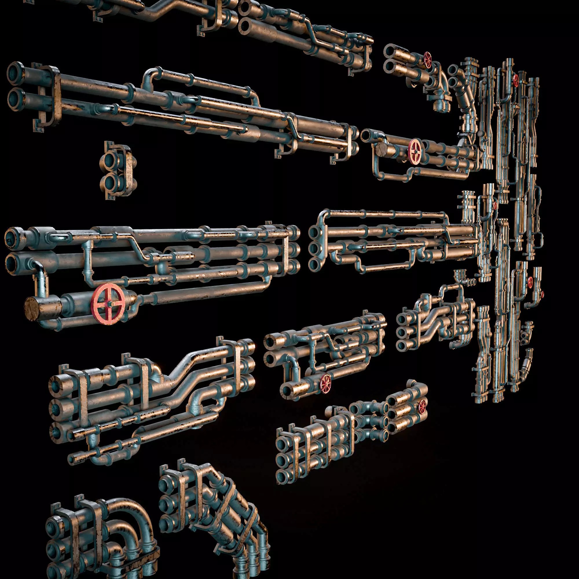 Scifi Industrial Modular Pipes Kit - Low-Poly Game-Ready 3D Model - View 4