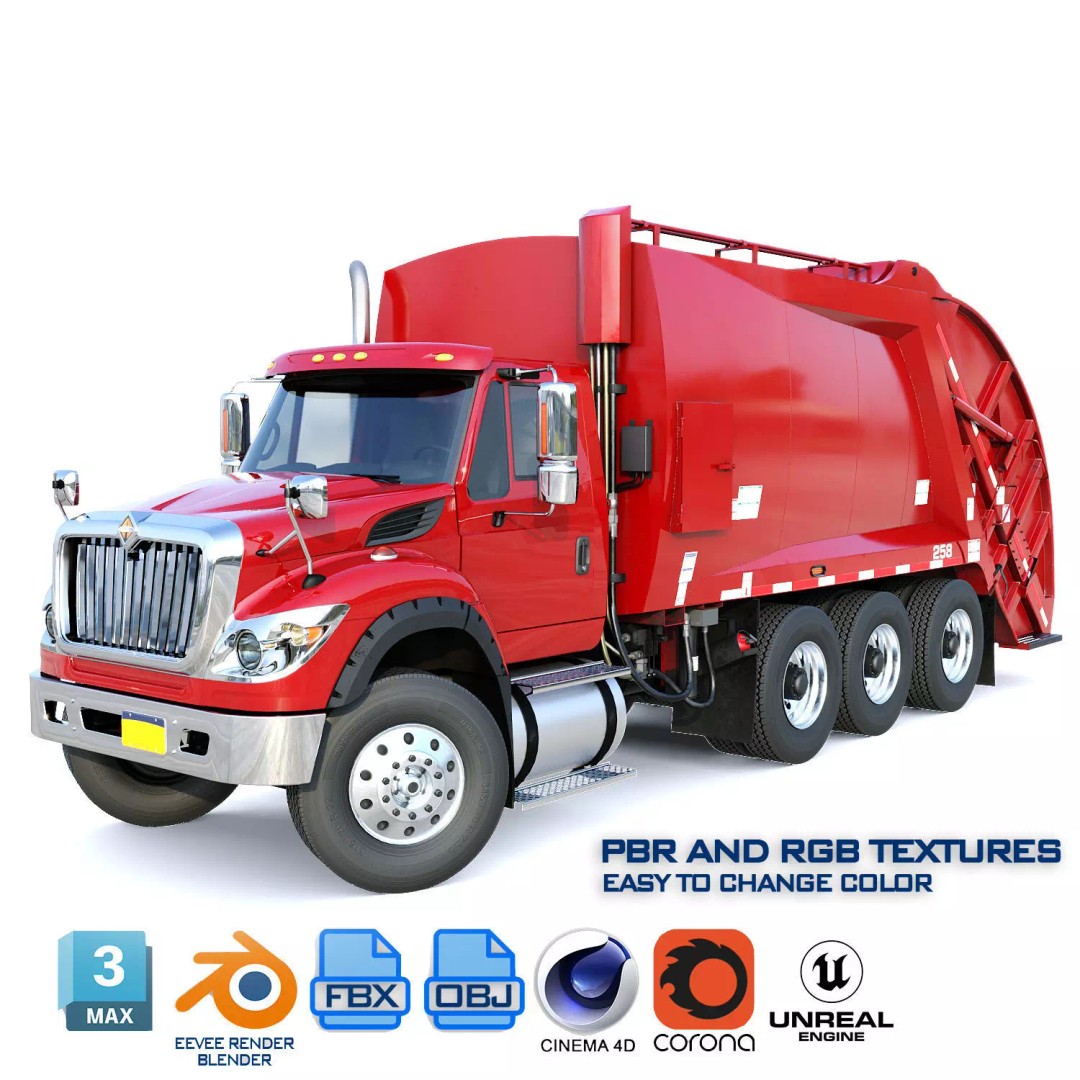 International Workstar Garbage Truck 3D Model – Low Poly Game Asset, FBX - View 2