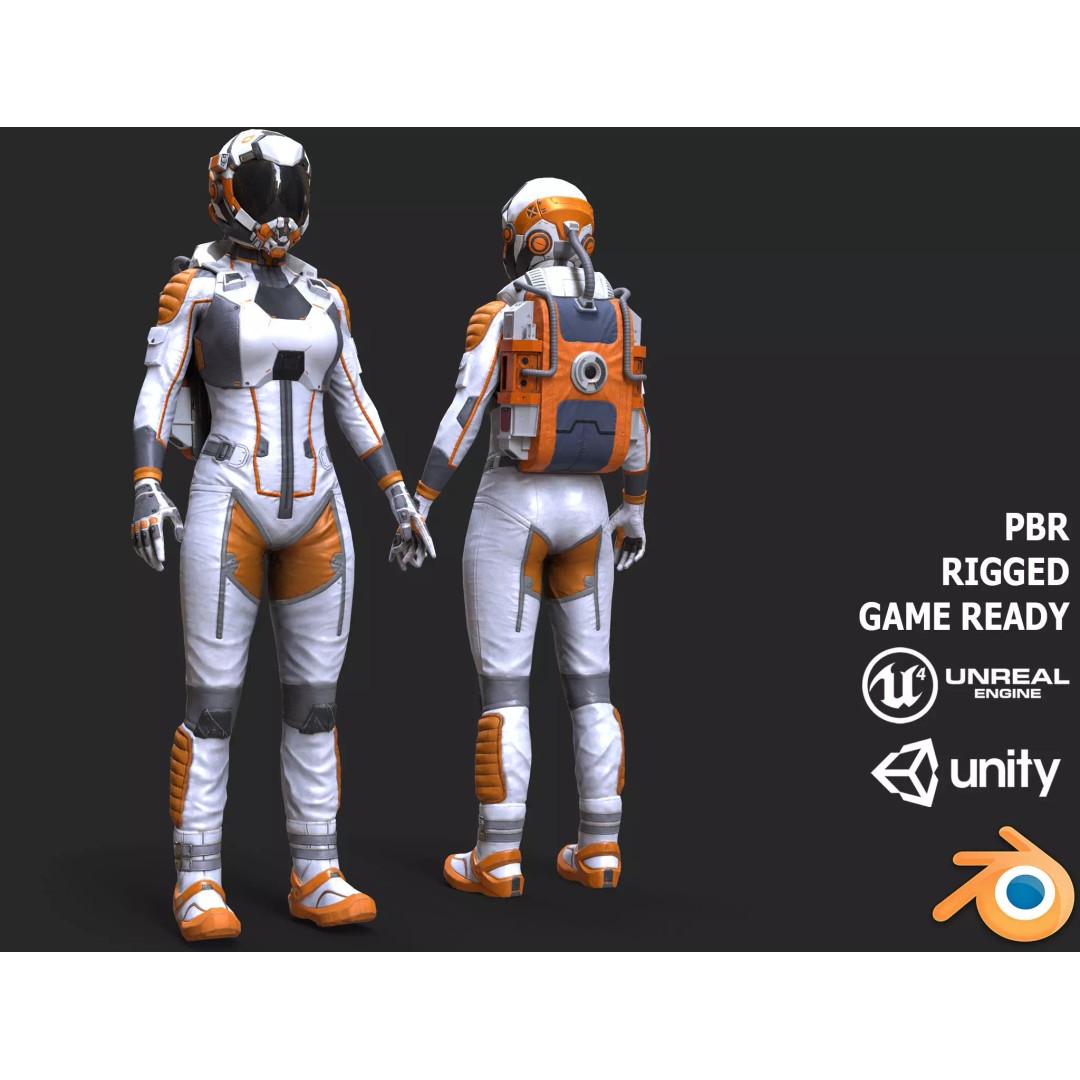 Female Space Suit 3D Model – Low Poly Game Asset, FBX, PBR - View 2