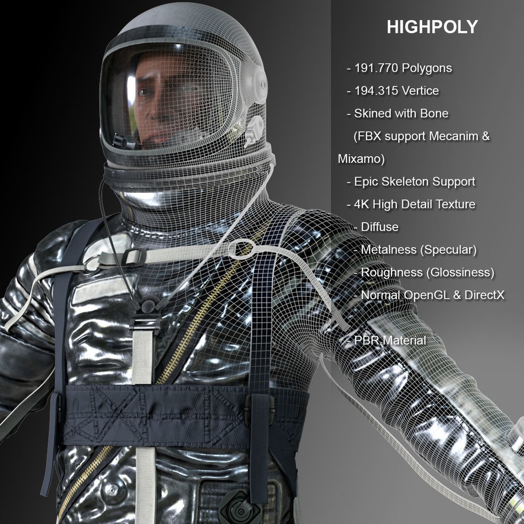Space Suit 3D Model – Low Poly Rigged Character for Games, FBX - View 3