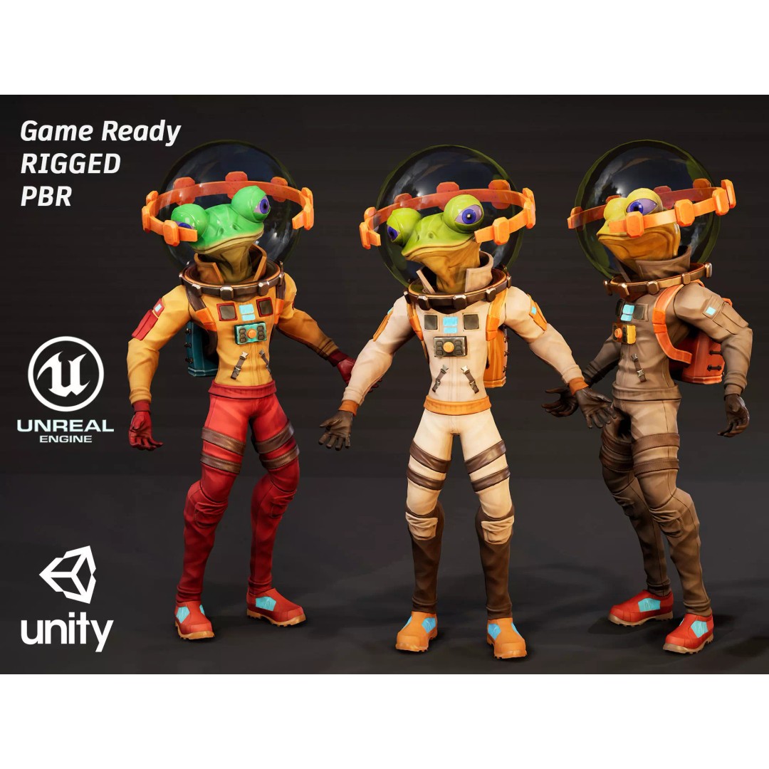 Stylized Alien Frog Astronaut 3D Model – Game Ready Low Poly Character for Unity & UE - View 2