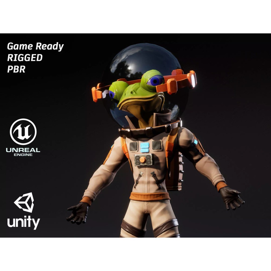 Stylized Alien Frog Astronaut 3D Model – Game Ready Low Poly Character for Unity & UE - View 4