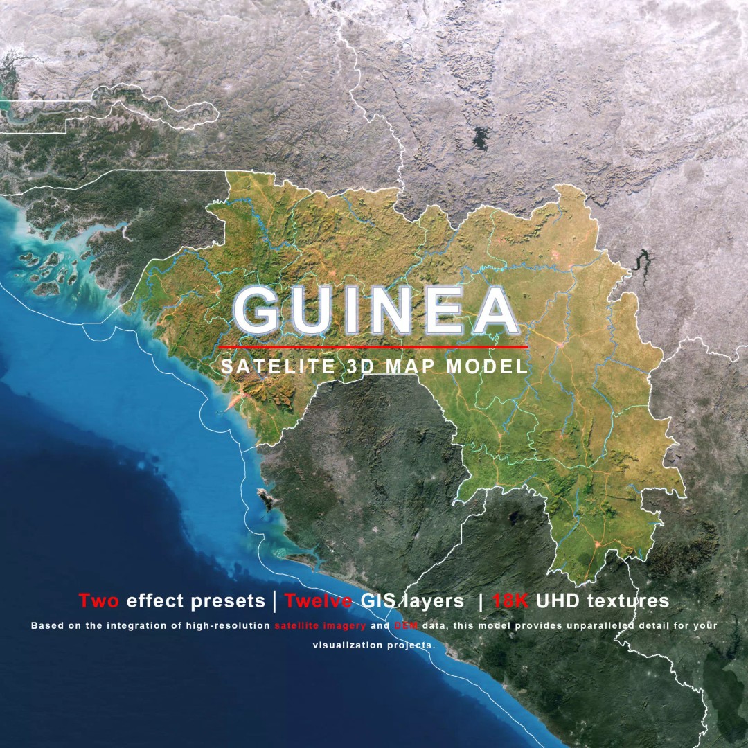 Guinea Map 3D Model – Realistic Satellite Terrain, 18K Textures - View 2