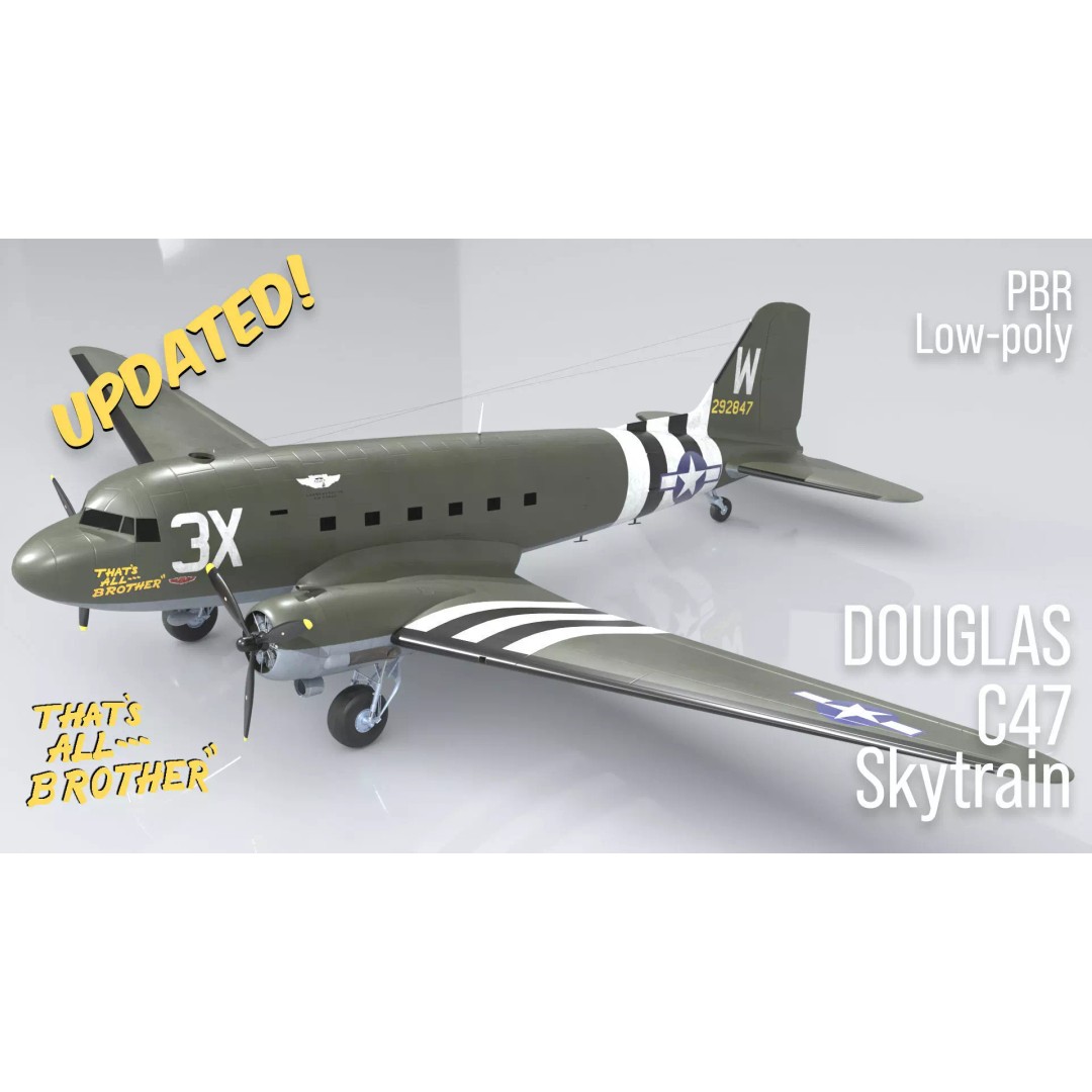 Douglas C47 Skytrain 3D Model – Low Poly Military Aircraft, FBX, OBJ - View 2
