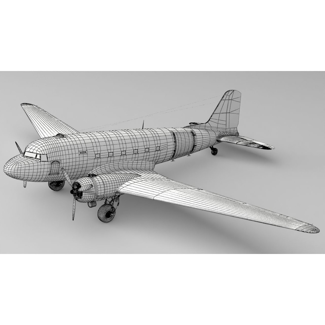 Douglas C47 Skytrain 3D Model – Low Poly Military Aircraft, FBX, OBJ - View 3