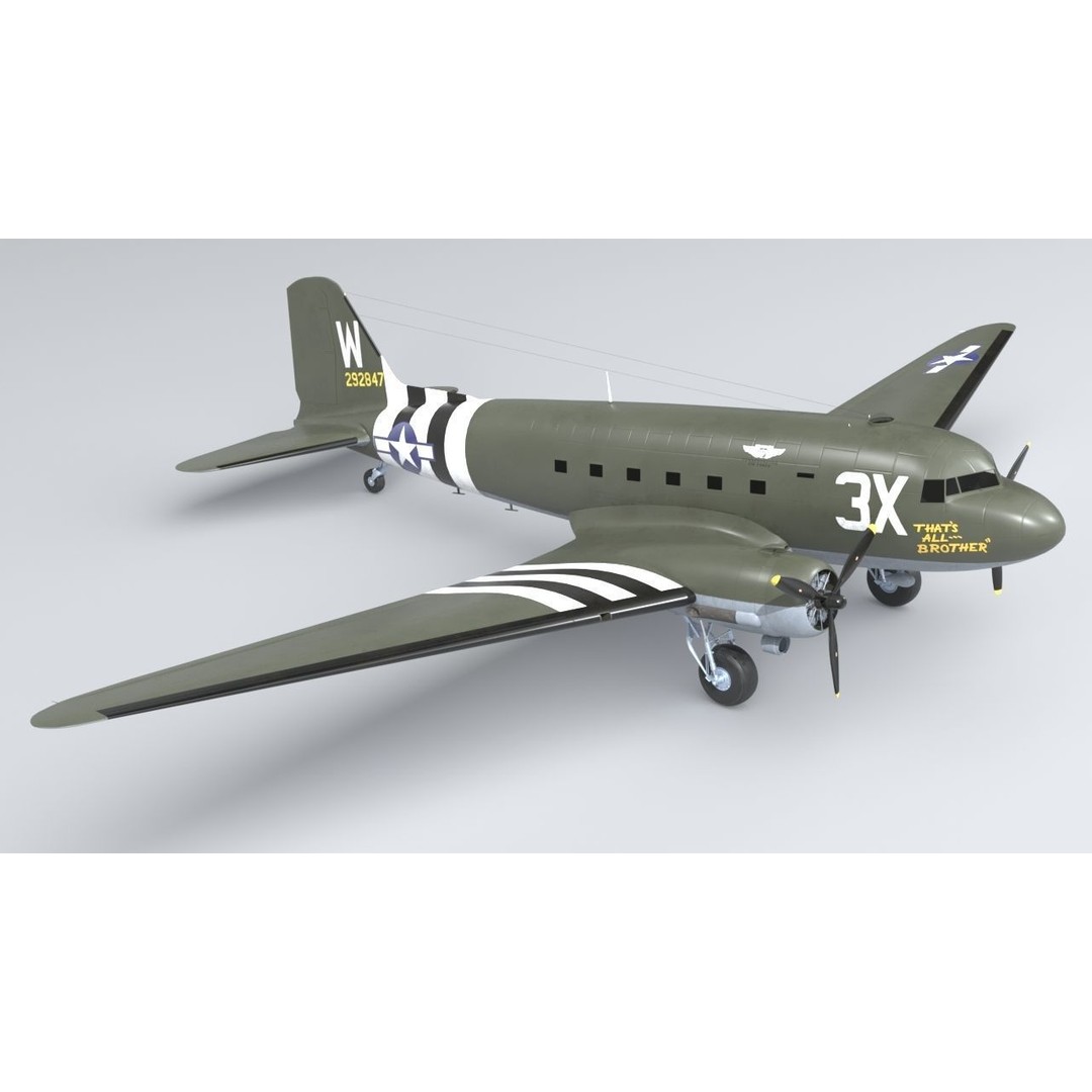 Douglas C47 Skytrain 3D Model – Low Poly Military Aircraft, FBX, OBJ - View 4