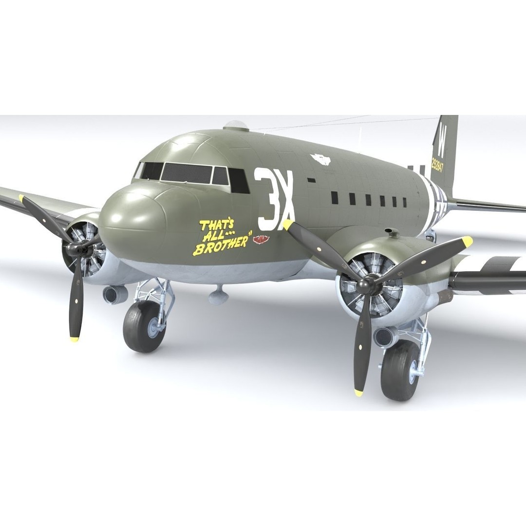 Douglas C47 Skytrain 3D Model – Low Poly Military Aircraft, FBX, OBJ - View 7