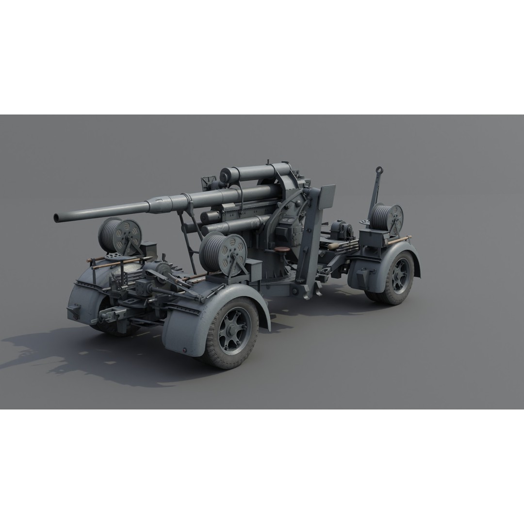 8.8 cm Flak 36 Anti Aircraft Gun 3D Model – Low Poly Game Asset, FBX - View 12