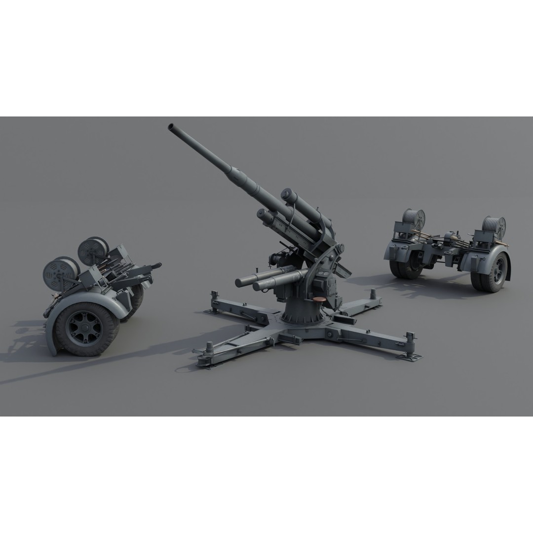 8.8 cm Flak 36 Anti Aircraft Gun 3D Model – Low Poly Game Asset, FBX - View 6