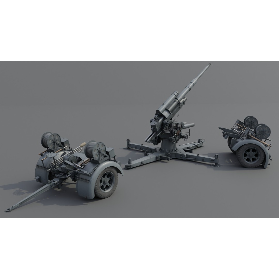 8.8 cm Flak 36 Anti Aircraft Gun 3D Model – Low Poly Game Asset, FBX - View 7