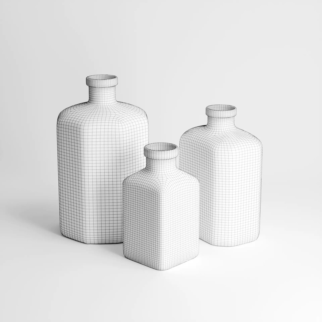 Old Bottles Set 3D Model – Low Poly Vintage Glassware, PBR Textures